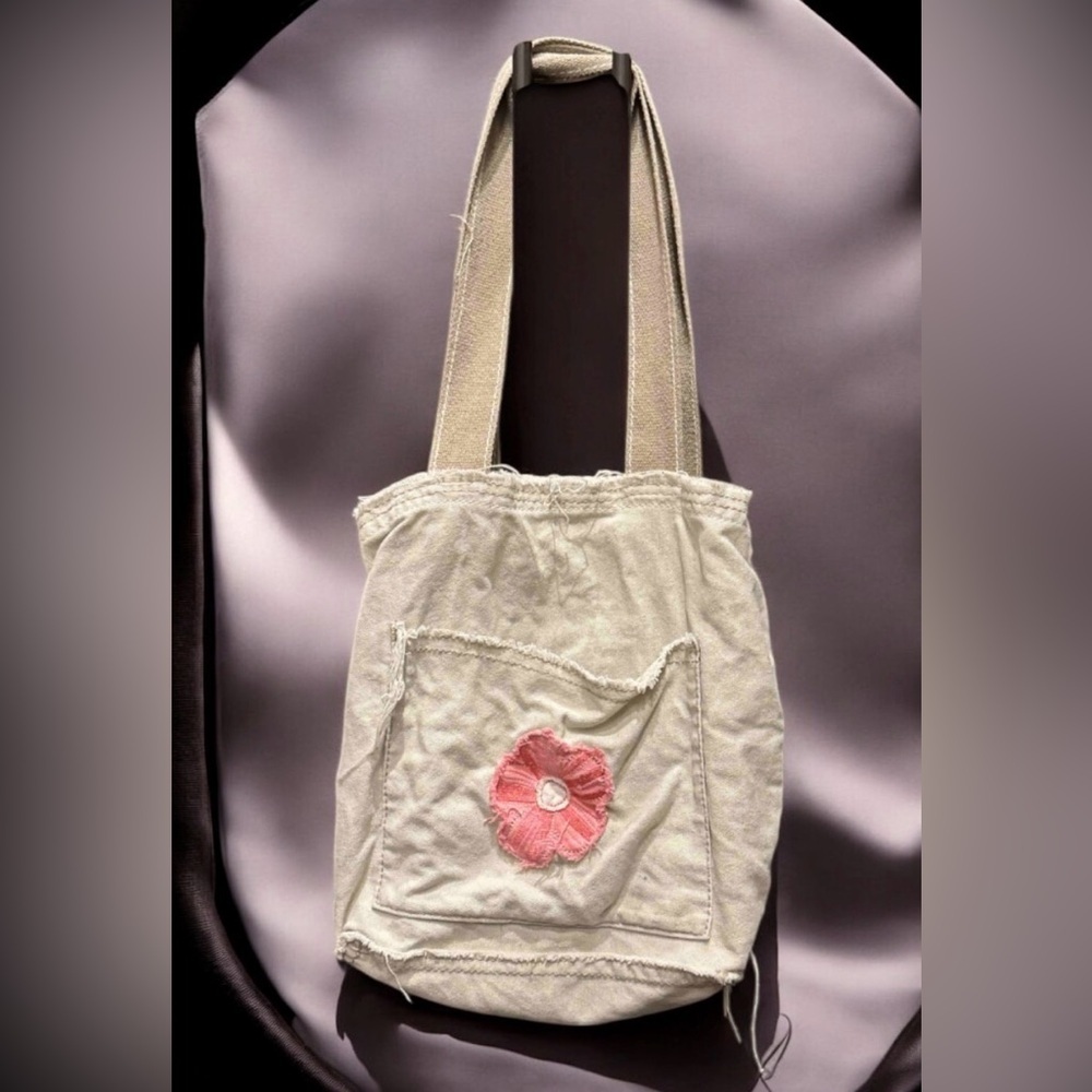 Thirsty one distressed denim Pink Flower Canvas Tote Bag no stains or wear